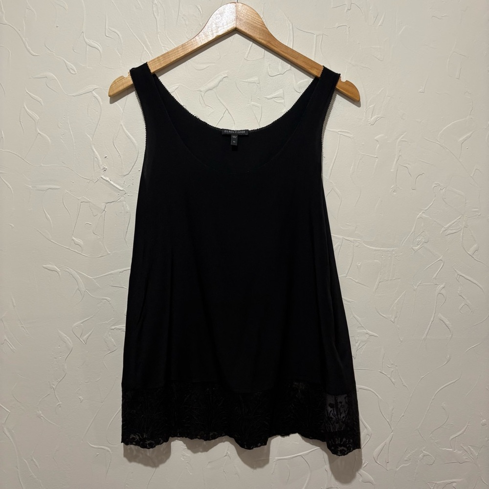 Eileen Fisher black 100% silk lace hem detail tunic tank top (XS)